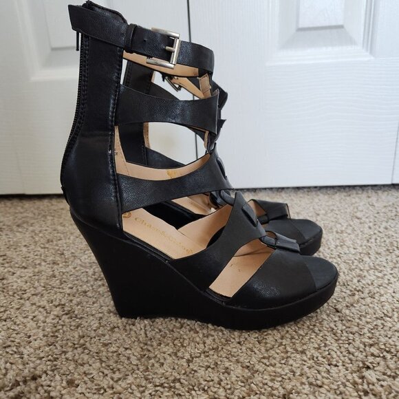 Chase & Chloe Tina Black Strappy Wedge Heels - Picture 1 of 12